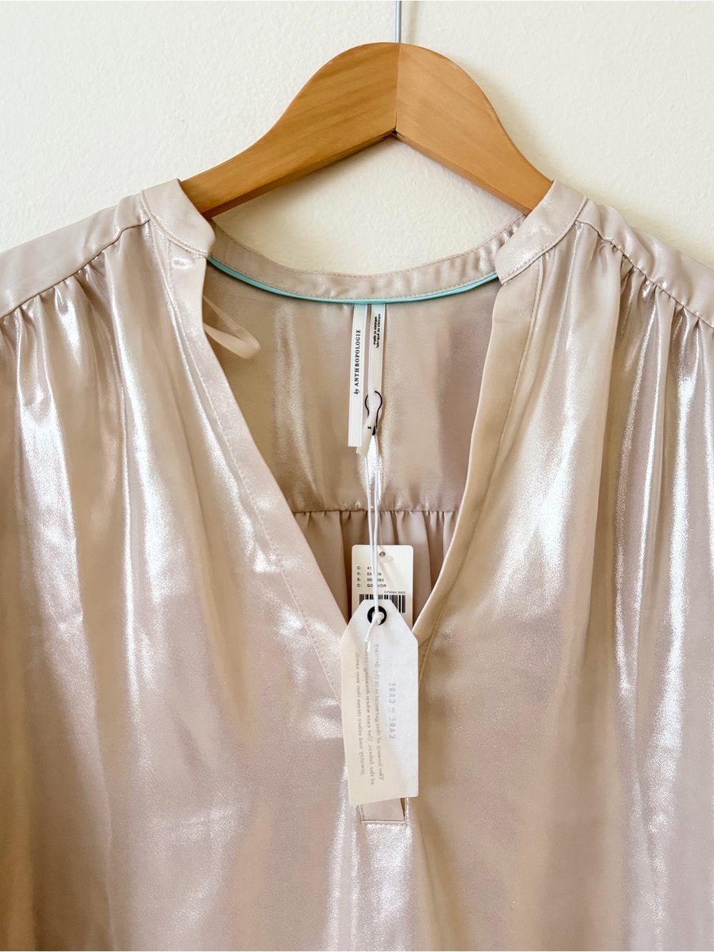 Anthropologie Shimmery Pearl Beige Metallic V-Neck Blouse - Picture 4 of 7